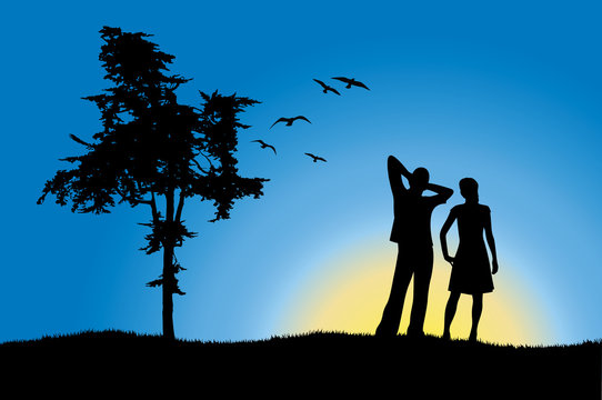 man and girl standing on hill near tree, blue background