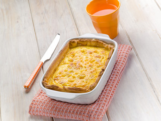 cake with bacon and eggs