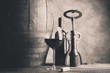Crédence en verre imprimé Vin Fine wine glass bootle and barrel on wooden table Fine wine concept Wine tasting concept