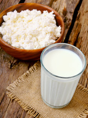 Dairy products on wooden background.