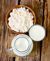 Dairy products on wooden background.