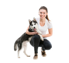 happy young girl and dog Husky