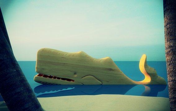 Isola tropicale, vacanza, naufragio, balena, cartoon