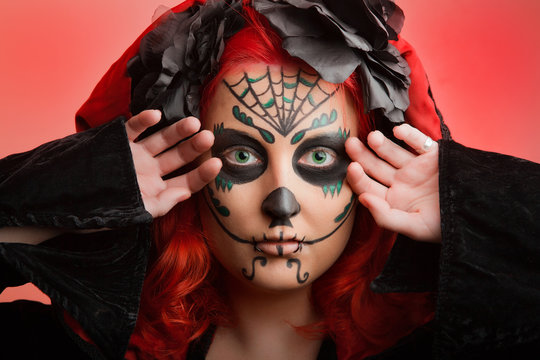 beautiful model with halloween make up sugar skull,,