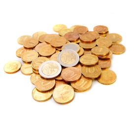 Gold coins on a white background.