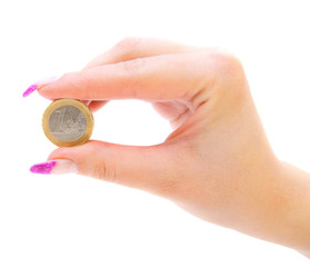 Coin in hands. On a white background.