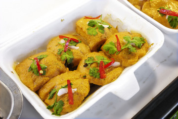 close up spicy fish steam in market