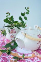 Still life with teapot and green branches.