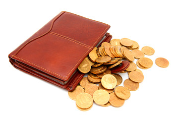 Purses and gold coins. On a white background.