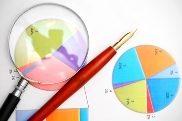 Magnifier and pen on graphs.