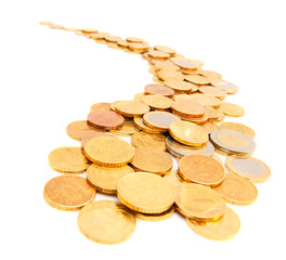 Gold coins in the form of the river. On a white background.