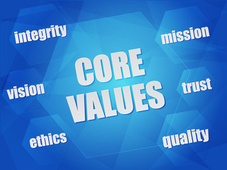 core values and business concept words in hexagons