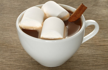 Hot chocolate with marshmallows on wooden background.