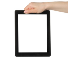 Woman hand holding tablet PC on white background .