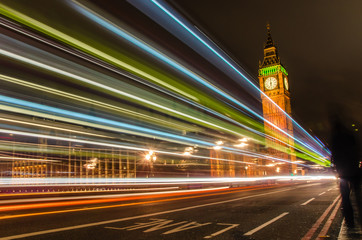 Fototapeta na wymiar London at Night with Light Trails Left by Passing Cars