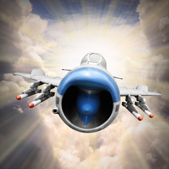 Fototapety  Szybki myśliwiec odrzutowy na niebie. Obraz w stylu retro.
