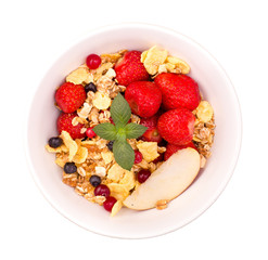Bowl of muesli and fresh strawberry isolated