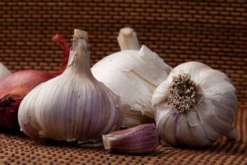 Macro shot of California grown organic garlic assortment