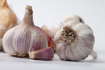 Assortment of California grown organic garlic and shallots - Music Garlic, Spanish Roja Garlic, Russian Red Garlic, Elephant Garlic, California White Garlic, and French Red Shallots