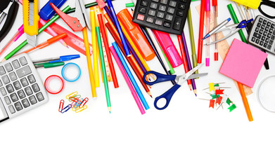 School accessories on white background.