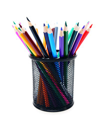 Multi-coloured pencils in basket.