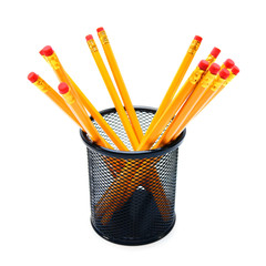 Pencils in a basket. On white background.