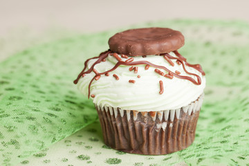 Irish Mint Cupcake isolated - Chocolate cake with thin chocolate mint cookie pieces filled with mint chocolate topped with green mint buttercream frosting, a dark chocolate drizzle, and mint cookies