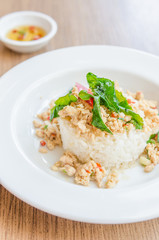 Spicy fried chicken with basil and rice