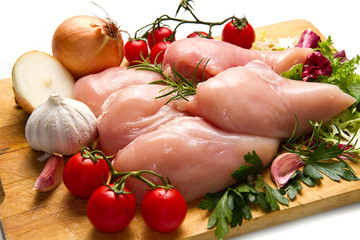 Raw chicken breasts on cutting board