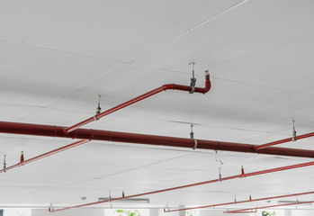 Fire sprinkler and red pipe on white ceiling background - obrazy, fototapety, plakaty