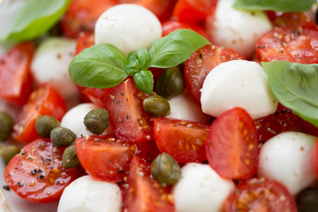 Close-up of caprese salad with capers, horizontal shot