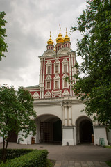 Fototapeta na wymiar Entrance tower of the monastery, view inside the Novodevichy con