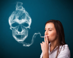 Young woman smoking dangerous cigarette with toxic skull smoke