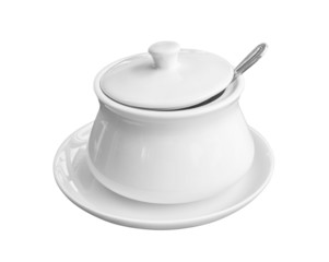 White containers set isolated on white background. Tableware or utensil consist of ceramic bowl or cup, plate or saucer and stailess spoon for kitchen, table for keep coffee, sauce and condiment.