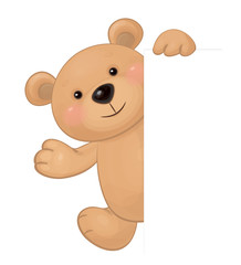 Vector of cute brown bear hiding by blank isolated.
