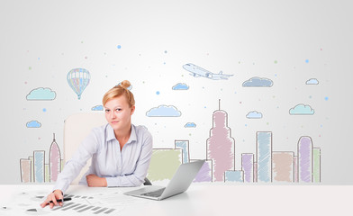 Pretty businesswoman with colorful city sky-scape background