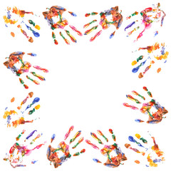 Frame of color hands print isolated on white