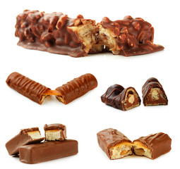Collage of chocolate bars isolated on white