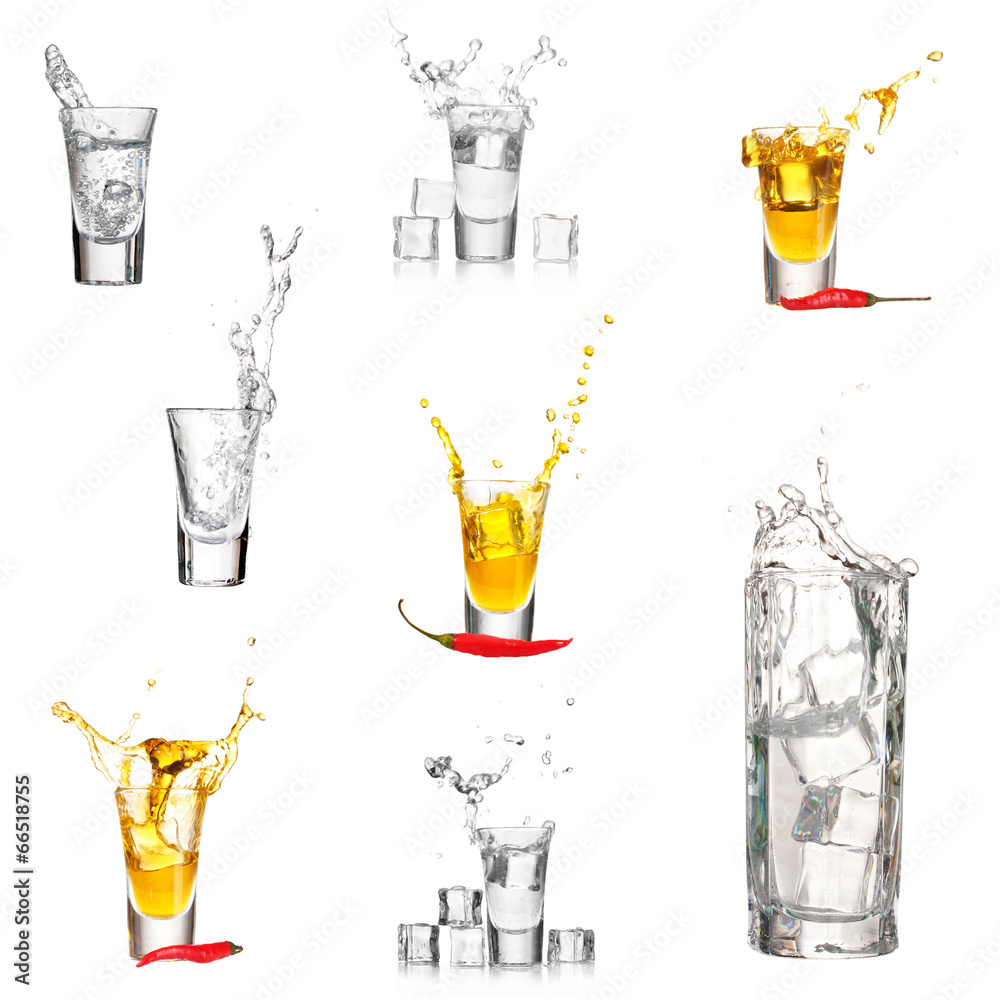 Wall mural collage of glasses vodka with splashes isolated on white