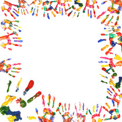 Frame of color hands print isolated on white