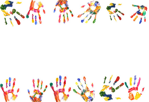 Frame of color hands print isolated on white