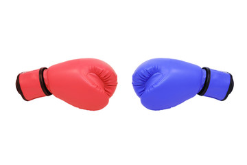 blue and red boxing gloves in white background - obrazy, fototapety, plakaty