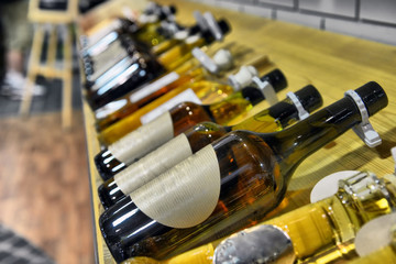 Calvados in bottles in wine shop