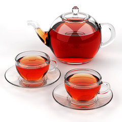 Isolated glass teacups and teapot