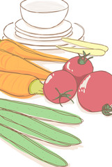 キッチン／野菜と食器のイラストセット