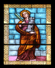 St Barbara, stained glass in the church in Porto Azzurro, Italy