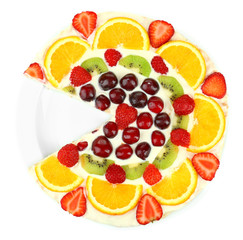 Homemade sweet pizza with fruits isolated on white