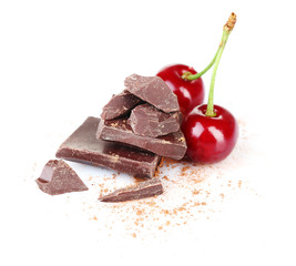 Cherries and chopped chocolate isolated on white