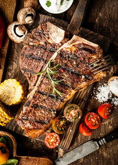 Grilled t-bone steak in a rustic kitchen