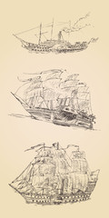 vintage engraved ship sailfish set  illustration © TheMountBirdStudio